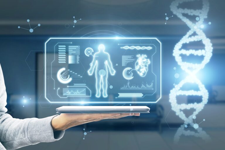 Interfaz médica digital que representa dispositivos implantables y riesgos de ciberseguridad en el biohacking