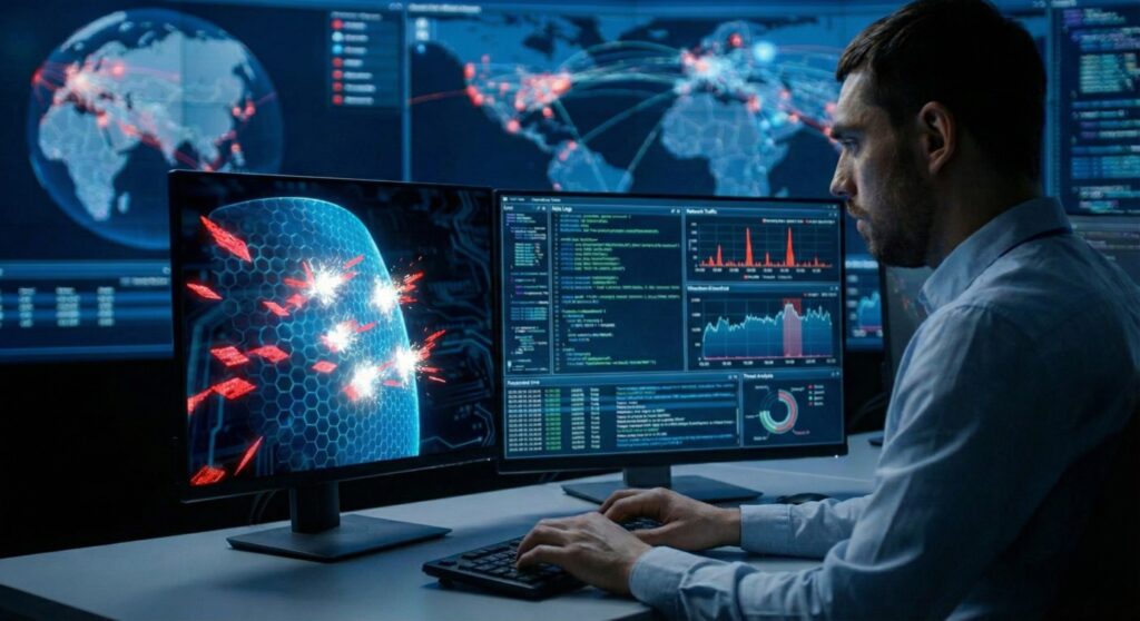 Analista monitoreando ataque cibernético en infraestructura digital