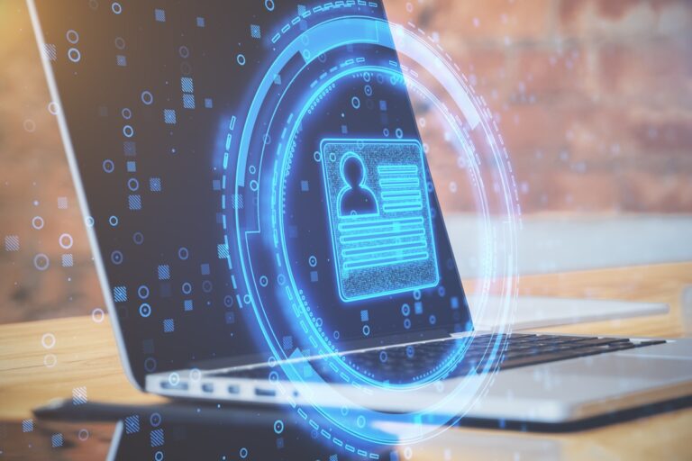 Interfaz digital representando identidad y privacidad de datos en entorno de inteligencia artificial