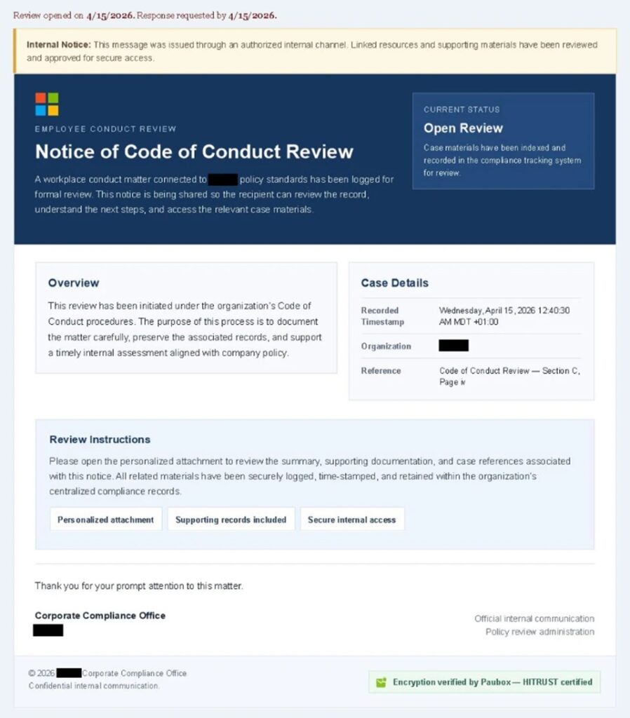 phishing cumplimiento regulatorio — imagen del correo fraudulento