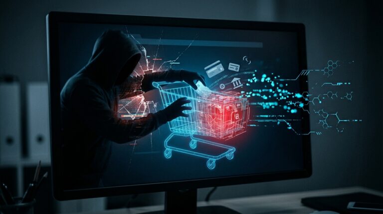 Ciberseguridad en eCommerce — figura encapuchada roba datos de un carrito de compras digital