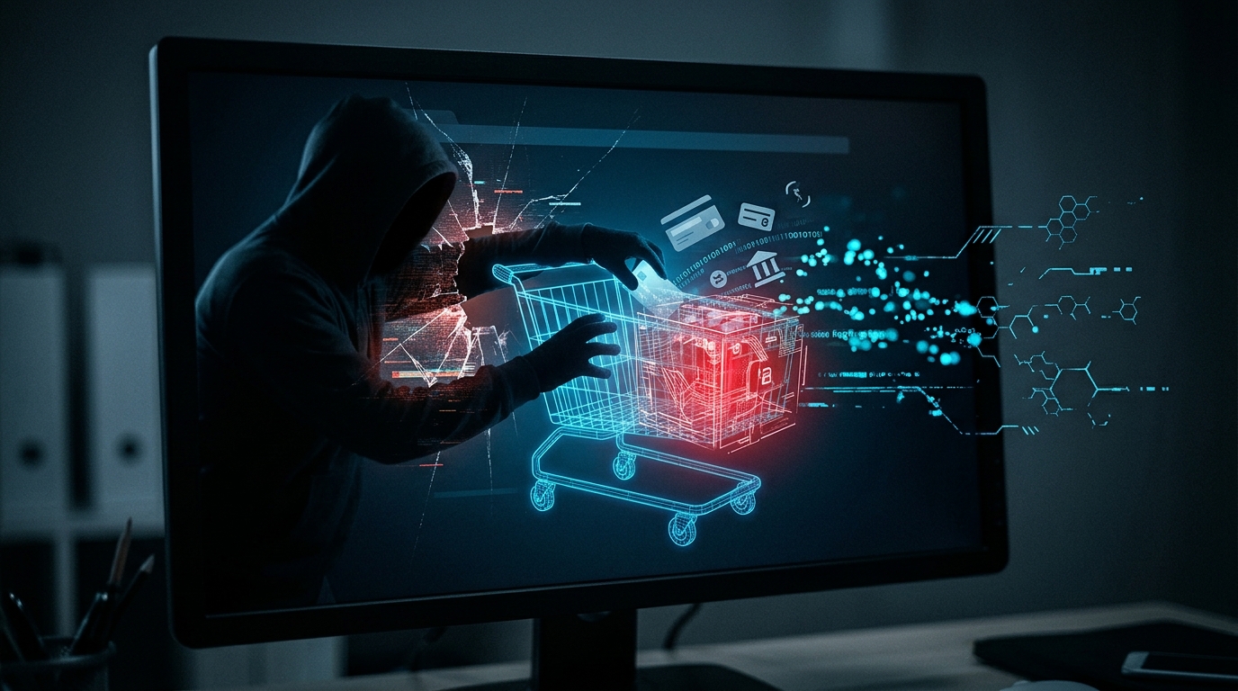 Ciberseguridad en eCommerce — figura encapuchada roba datos de un carrito de compras digital