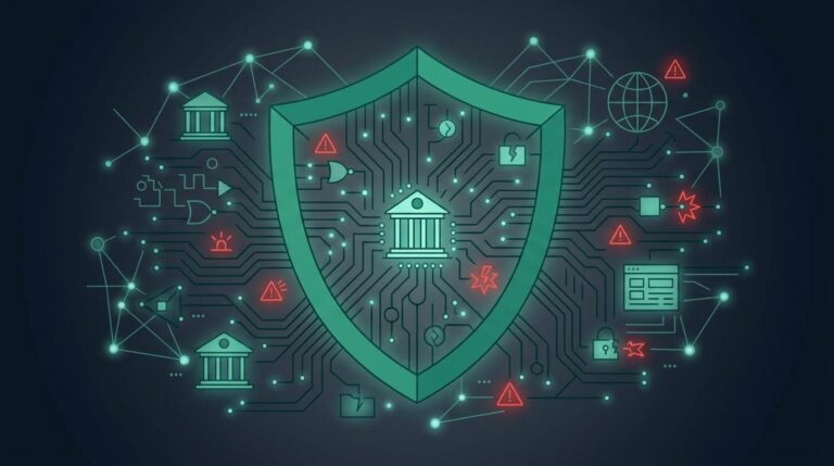 ciberseguridad sector financiero — escudo digital con alertas sobre banca chilena 2026