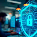 ciberataques PyMEs — escudo digital sobre profesional frente a computador