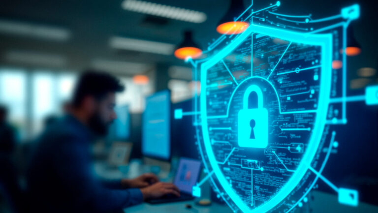 ciberataques PyMEs — escudo digital sobre profesional frente a computador