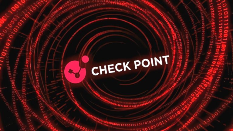 Logo de Check Point sobre fondo de código binario rojo