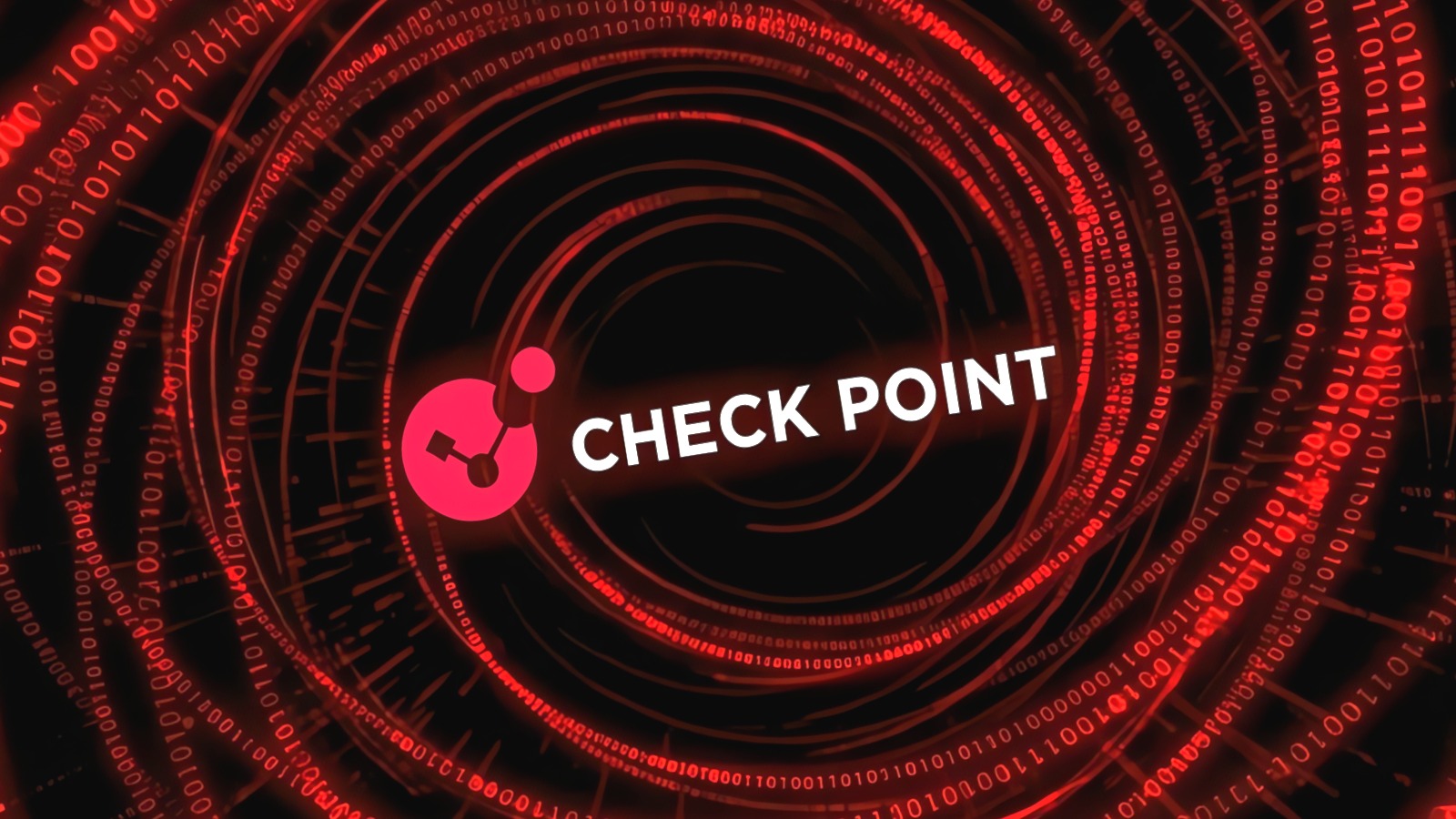 Logo de Check Point sobre fondo de código binario rojo