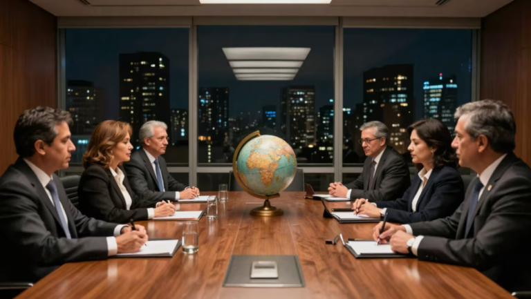 Gobierno de datos — directorio ejecutivo reunido en torno a un globo terráqueo