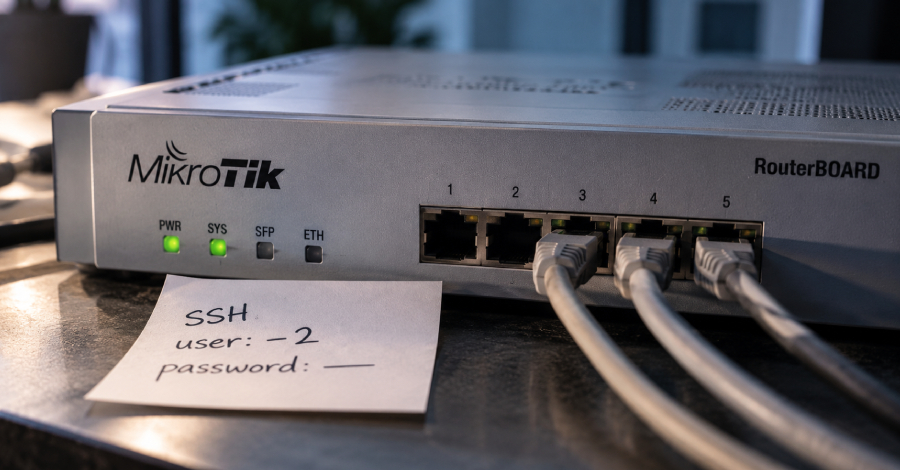 Router MikroTik con una nota adhesiva de acceso SSH sin contraseña