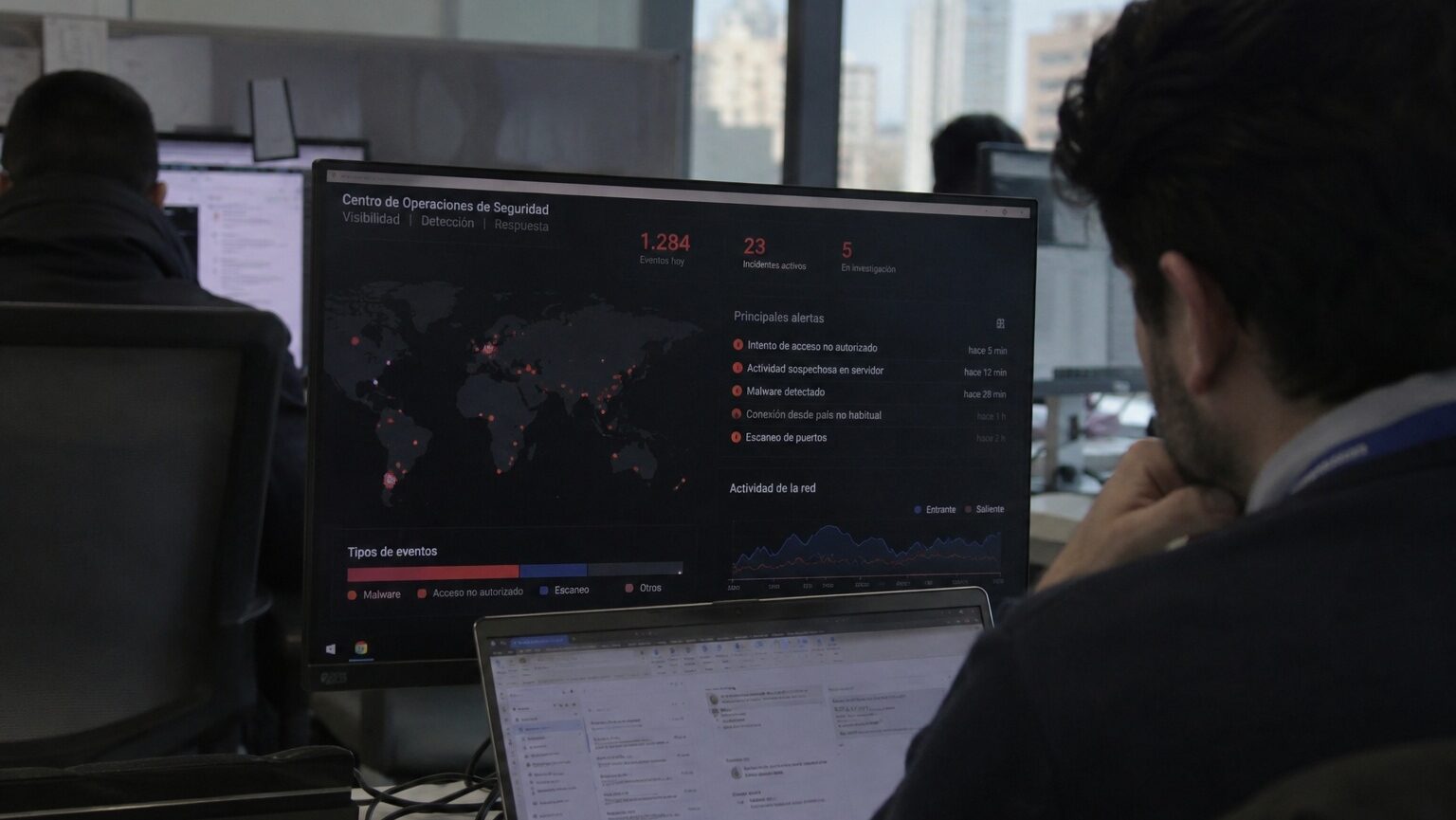 Profesional frente a un monitor de un centro de operaciones de seguridad que muestra un mapa mundial con alertas de incidentes.