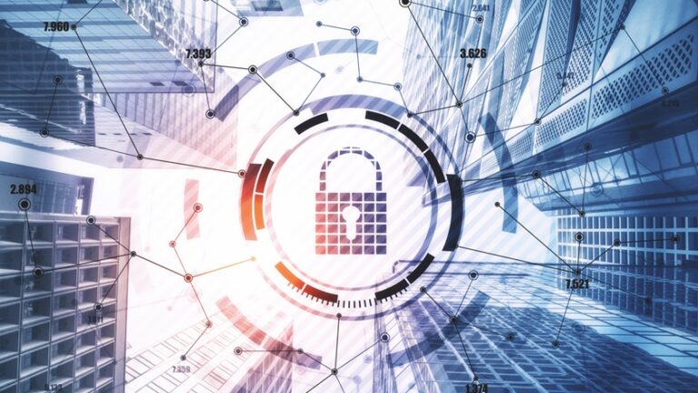 Ley Marco de Ciberseguridad — candado digital sobre edificios corporativos