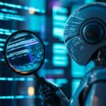 incidentes cibernéticos — robot frente a monitores con mapa de amenazas