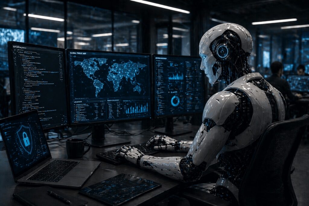 incidentes cibernéticos — robot con lupa revisando código