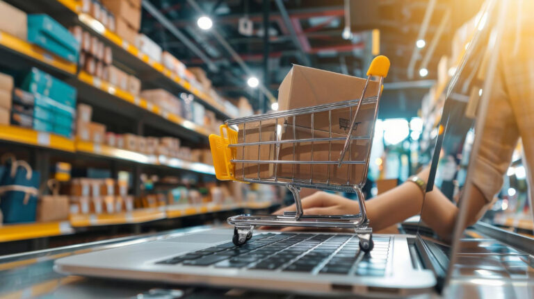 ciberataques en retail — carro de compras sobre laptop en tienda