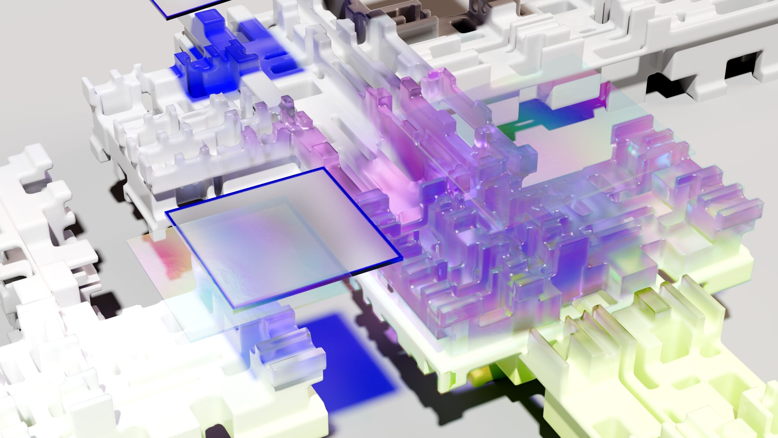 Arexdata en Chile — estructuras 3D translúcidas que representan datos corporativos