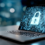 Laptop con un candado digital sobre una pantalla de datos, que representa la protección de datos personales y biometría
