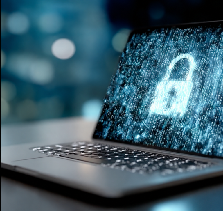 Laptop con un candado digital sobre una pantalla de datos, que representa la protección de datos personales y biometría