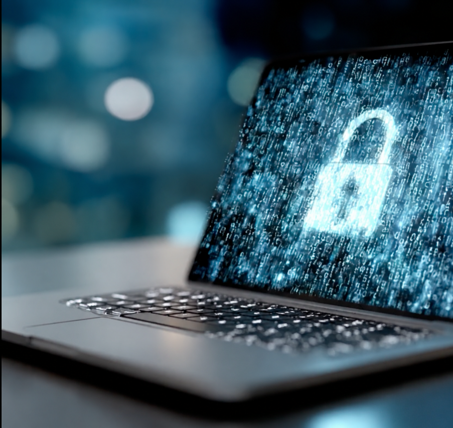 Laptop con un candado digital sobre una pantalla de datos, que representa la protección de datos personales y biometría